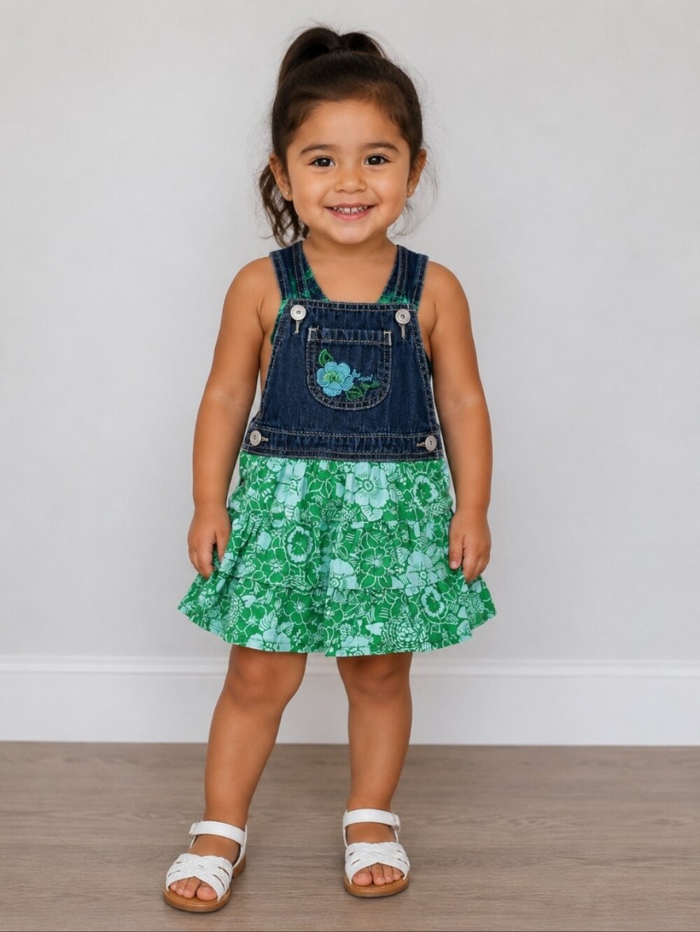 OSHKOSH Jean and Green Floral Fabric Kids Overalls Dress 2T